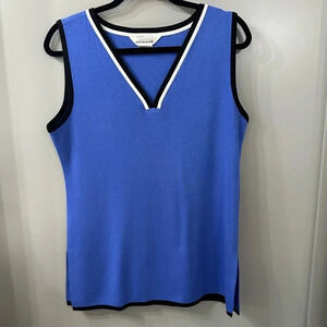 Misook Blue Tank Top Black and White Trim V Neck Size Medium